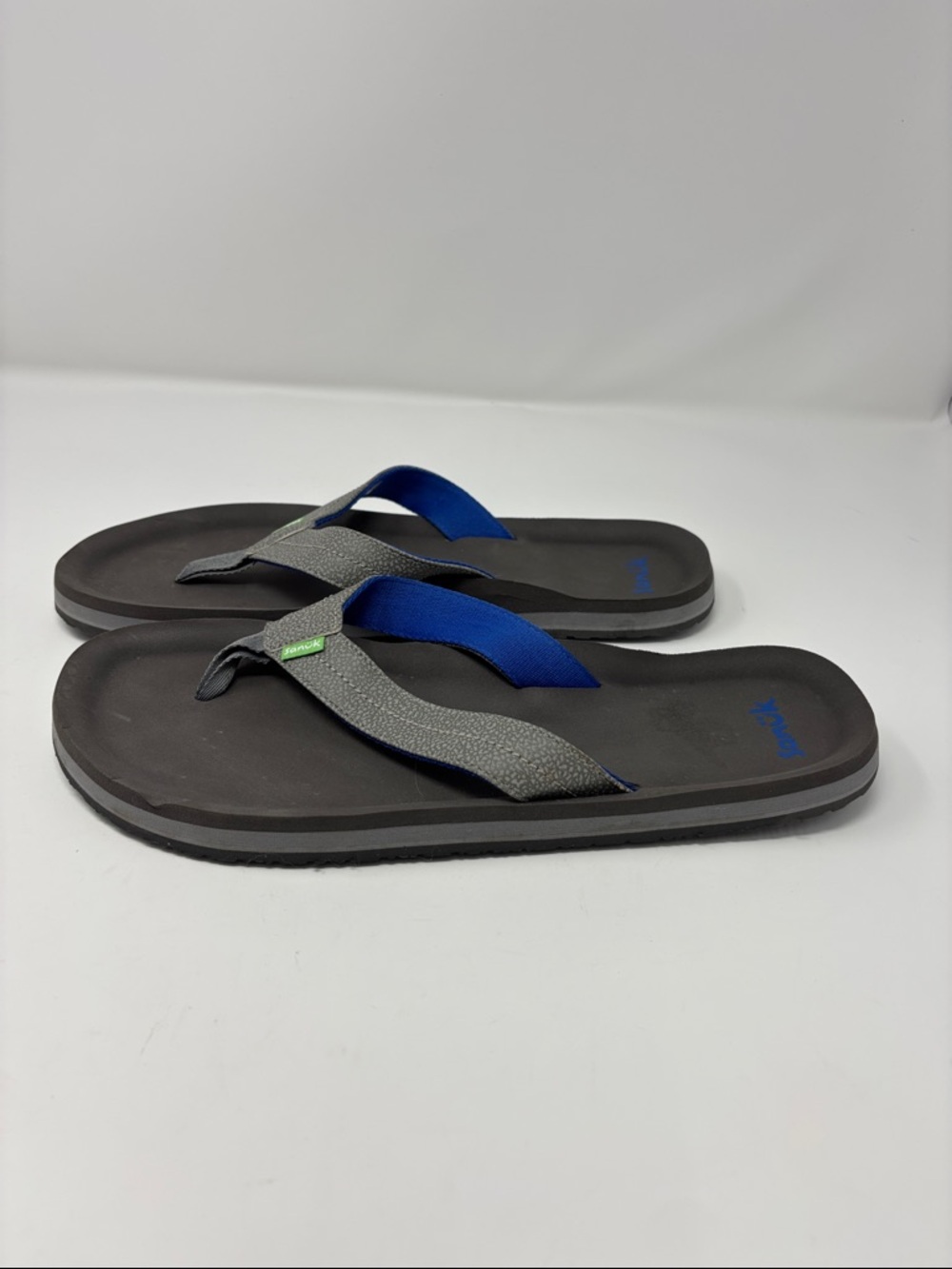 Sanuk | 12 Gray and Black Flip Flop Sandals with Blue Accents - Picture 3 of 7